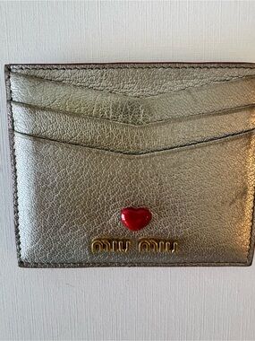 Miu Miu Metallic Gold Cardholder with Red Heart Accent